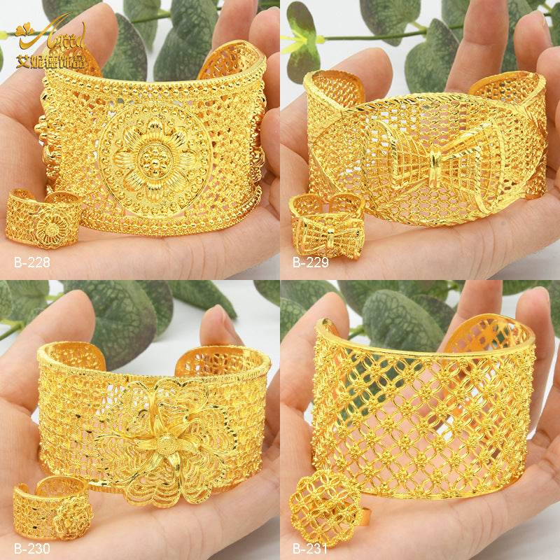 Women's Alluvial Gold Bracelet Ring Set - C-Shaped Ripple Design - Buy Center