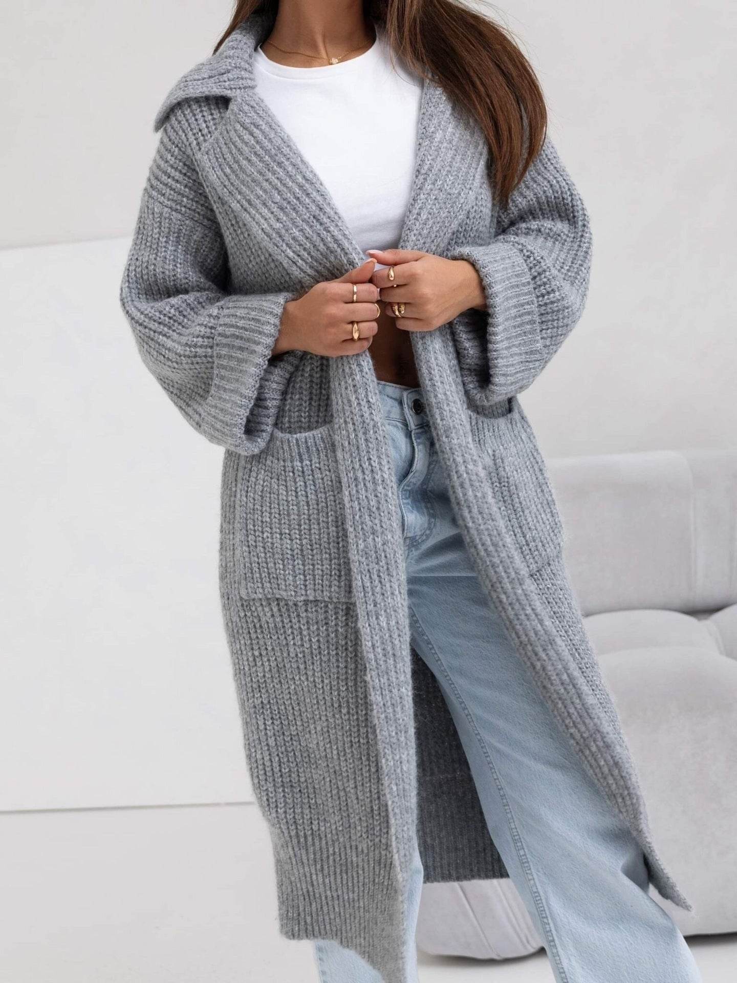 Buycenter Women's Mid-Length Knitted Cardigan - Padded, Pocket Style - Buy Center