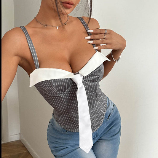Chic Women's Slim Fit Tie Stitching Camisole - Trendy Fishbone Design - Buy Center