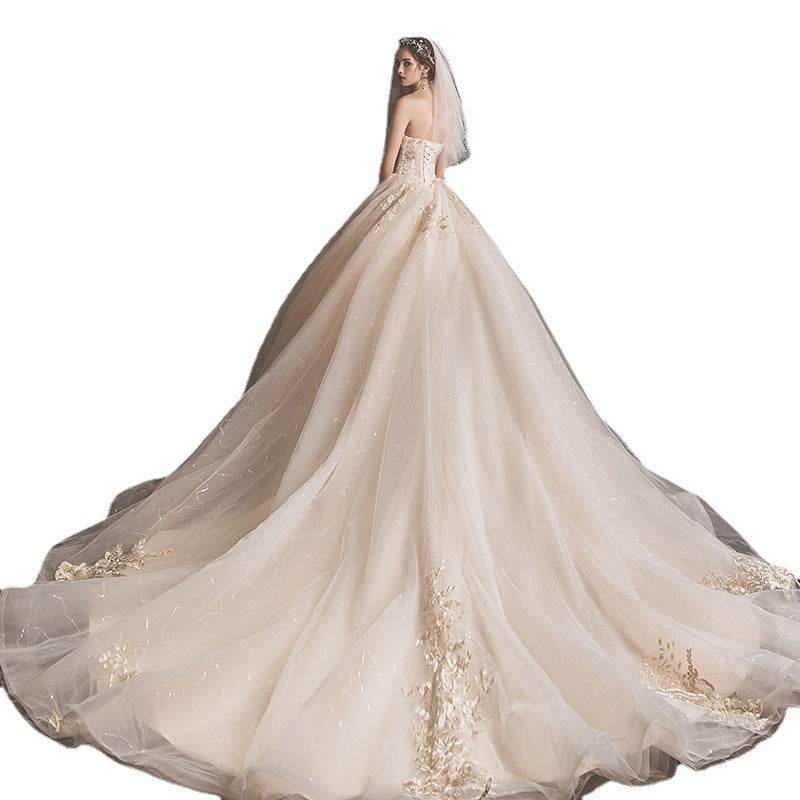 Elegant Bride Summer Tube Top Dress - Mori Style Trailing Skirt in Champagne - Buy Center
