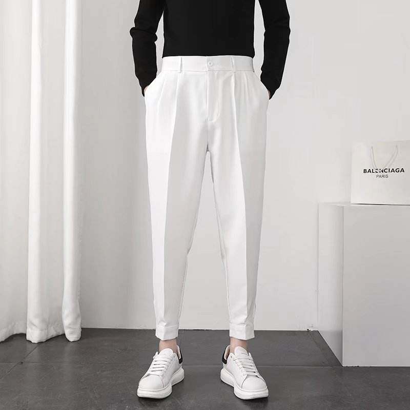 Solid Casual Men's Trousers - Velcro Cuffs, Straight Tube Design - Buy Center