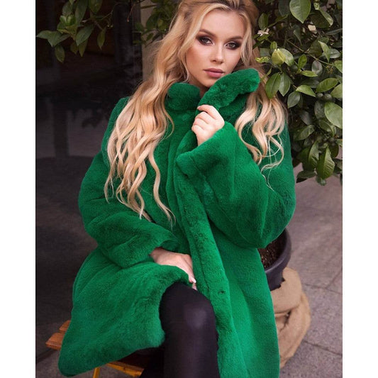 Buycenter Stand-Up Collar Winter Faux Fur Coat - Mid-Length, Loose Fit - Buy Center
