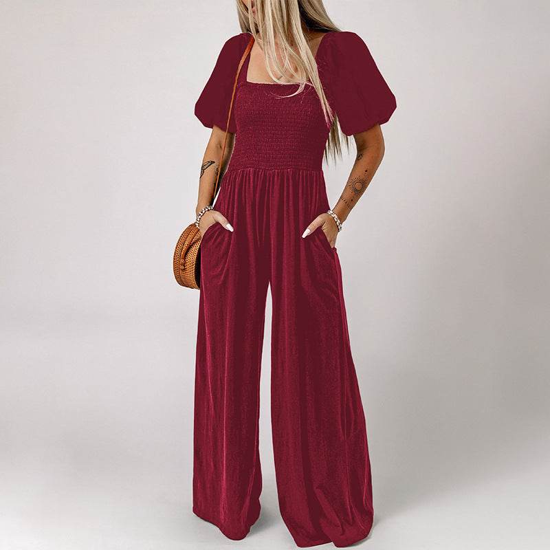 Women's Square Collar Black Jumpsuit - Chic Short Sleeve Design 2025 - Buy Center