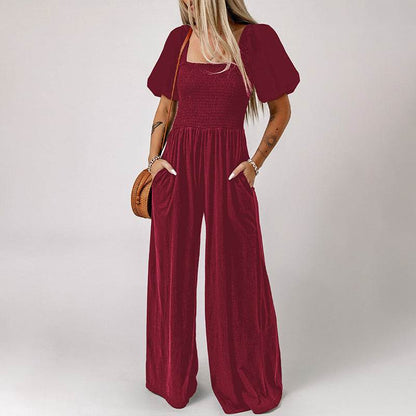 Women's Square Collar Black Jumpsuit - Chic Short Sleeve Design 2025 - Buy Center