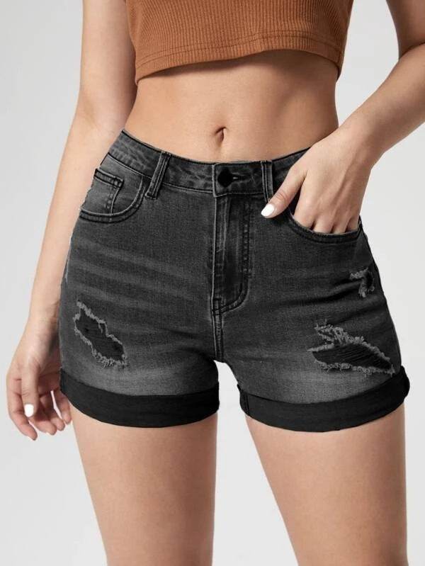 Buycenter Women's High Waist Denim Shorts - Curling Holes, Street Fashion - Buy Center