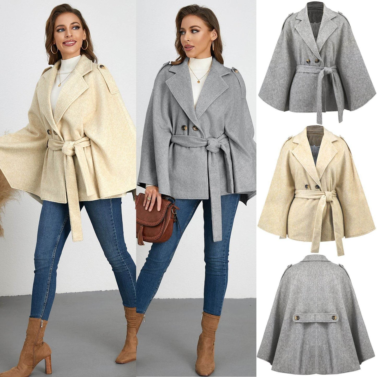 Women's Batwing Sleeve Woolen Coat - Stylish Lapel Design & Versatile Fit - Buy Center