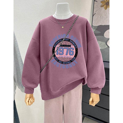 Retro Loose Round Neck Hoodie for Women - Cartoon Design & Long Sleeve - Buy Center
