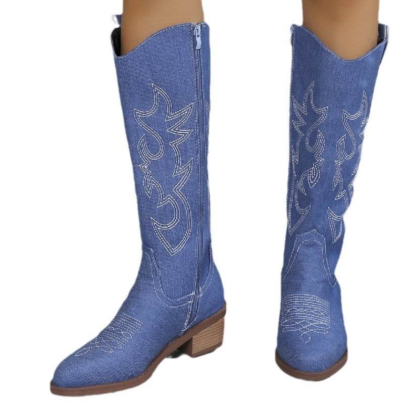 Buycenter Women's Chunky Heel Boots - Embroidered Round Head Design - Buy Center