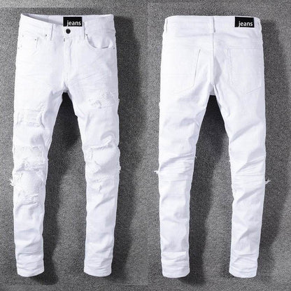 High Street Slim Men's Jeans - Tear Patch Design, Straight Fit, White - Buy Center