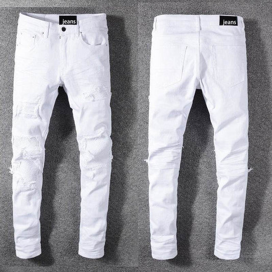 High Street Slim Men's Jeans - Tear Patch Design, Straight Fit, White - Buy Center