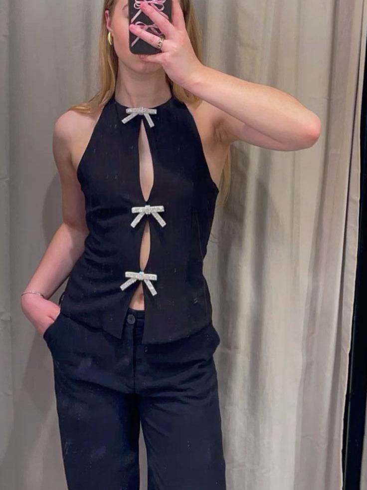 Bowknot Decoration Halter Camisole - Stylish Women's Top in White/Black - Buy Center
