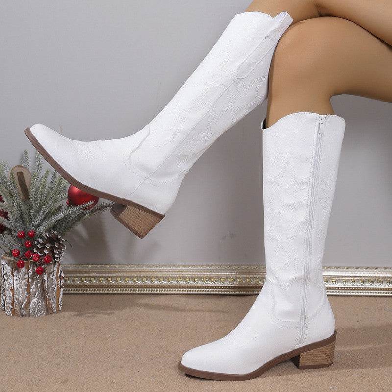 Buycenter Women's Chunky Heel Boots - Embroidered Round Head Design - Buy Center