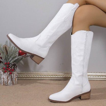Buycenter Women's Chunky Heel Boots - Embroidered Round Head Design - Buy Center