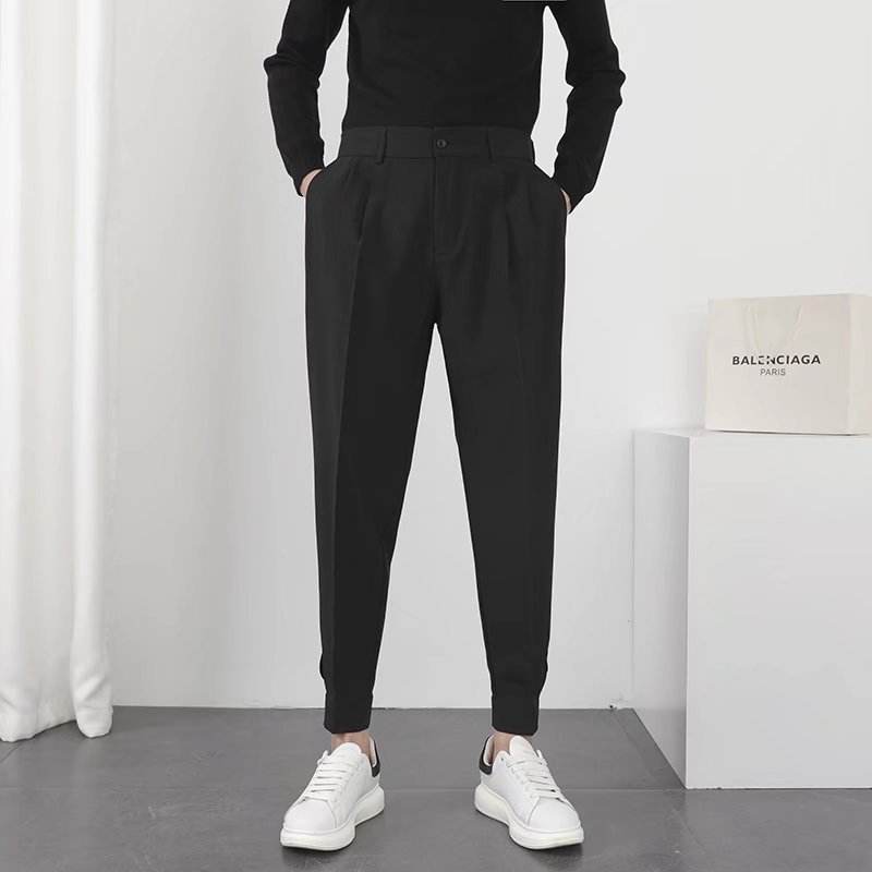 Solid Casual Men's Trousers - Velcro Cuffs, Straight Tube Design - Buy Center