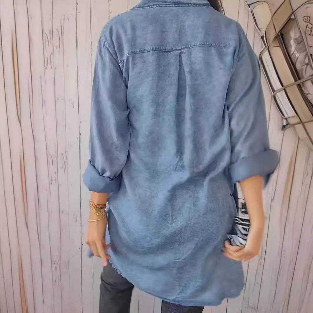 Buycenter Jean-like Casual Long Shirt Coat - Cotton & Linen for Women - Buy Center