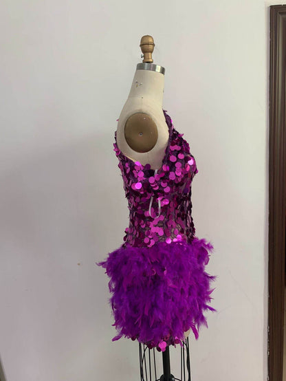 Luxury Purple Sequined Feather Skirt Dress - One-Shoulder Cocktail Glamour - Buy Center