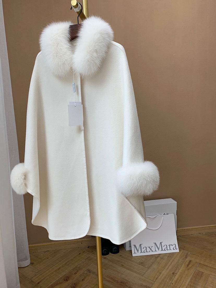 Buycenter Cape Fox Fur Collar Wavy Coat - Stylish Wool Blend Jacket - Buy Center