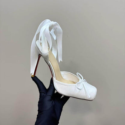 Buycenter Women's Trendy Leather Sole High Heels - Satin Ribbon Toe Cap - Buy Center