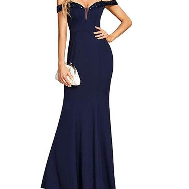 Women's Off-Neck Sling Evening Dress - Short Sleeve, Distressed Style - Buy Center