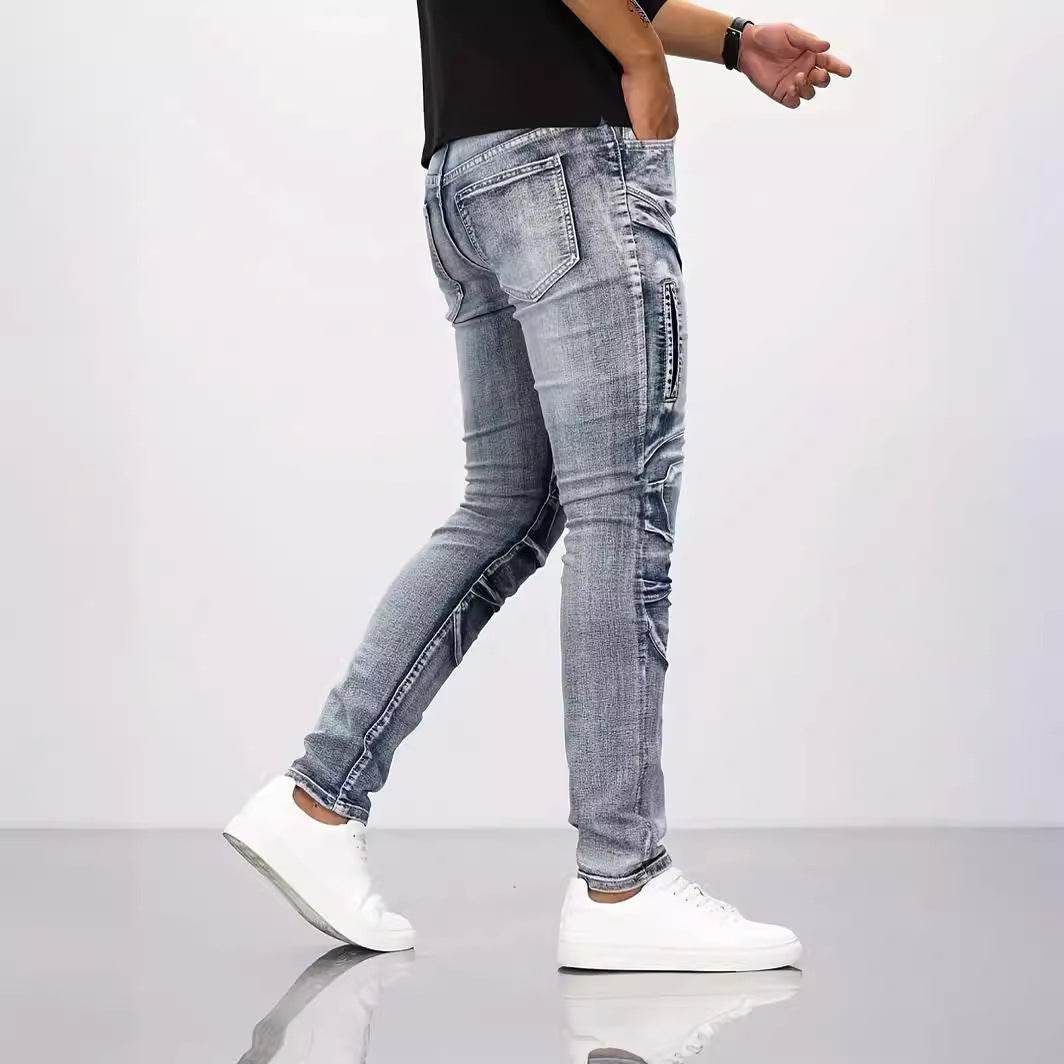 Retro Casual Stretch Motorcycle Jeans for Men - Mid Waist, Light Blue - Buy Center