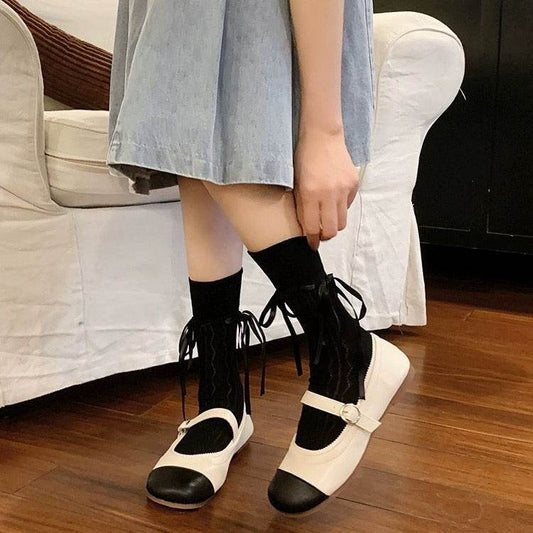Women’s Mid-Calf Bow Socks - Stylish Straps in White, Black, Pink, Gray - Buy Center