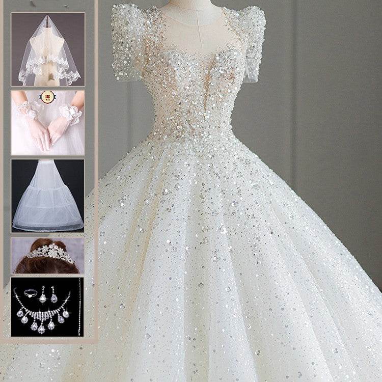 Stunning Bridal Dress with Large Trailing Tail - Stylish 2025 Wedding Gown - Buy Center