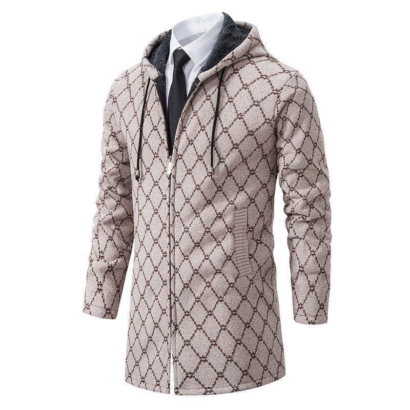 Stylish Men's Mid-Length Sweater Coat - Plaid Design with Removable Hood - Buy Center