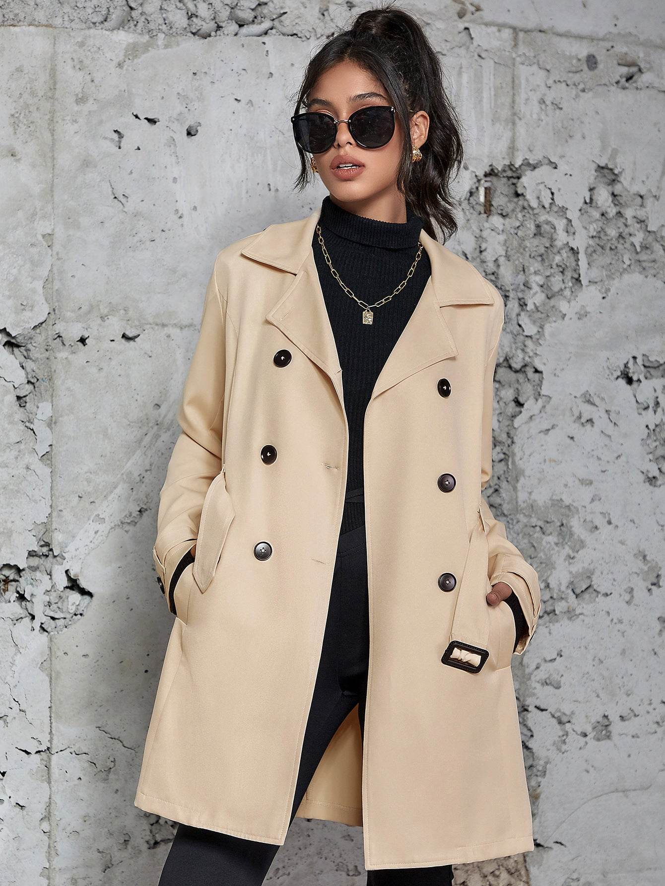 Women's Mid-Length Trench Coat - Elegant Apricot Design, British Style - Buy Center