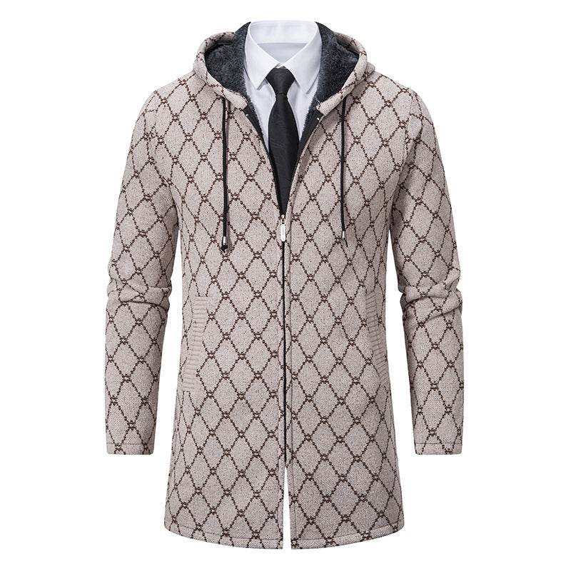Stylish Men's Mid-Length Sweater Coat - Plaid Design with Removable Hood - Buy Center