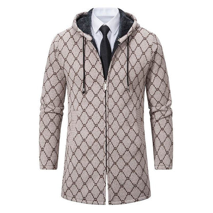 Stylish Men's Mid-Length Sweater Coat - Plaid Design with Removable Hood - Buy Center