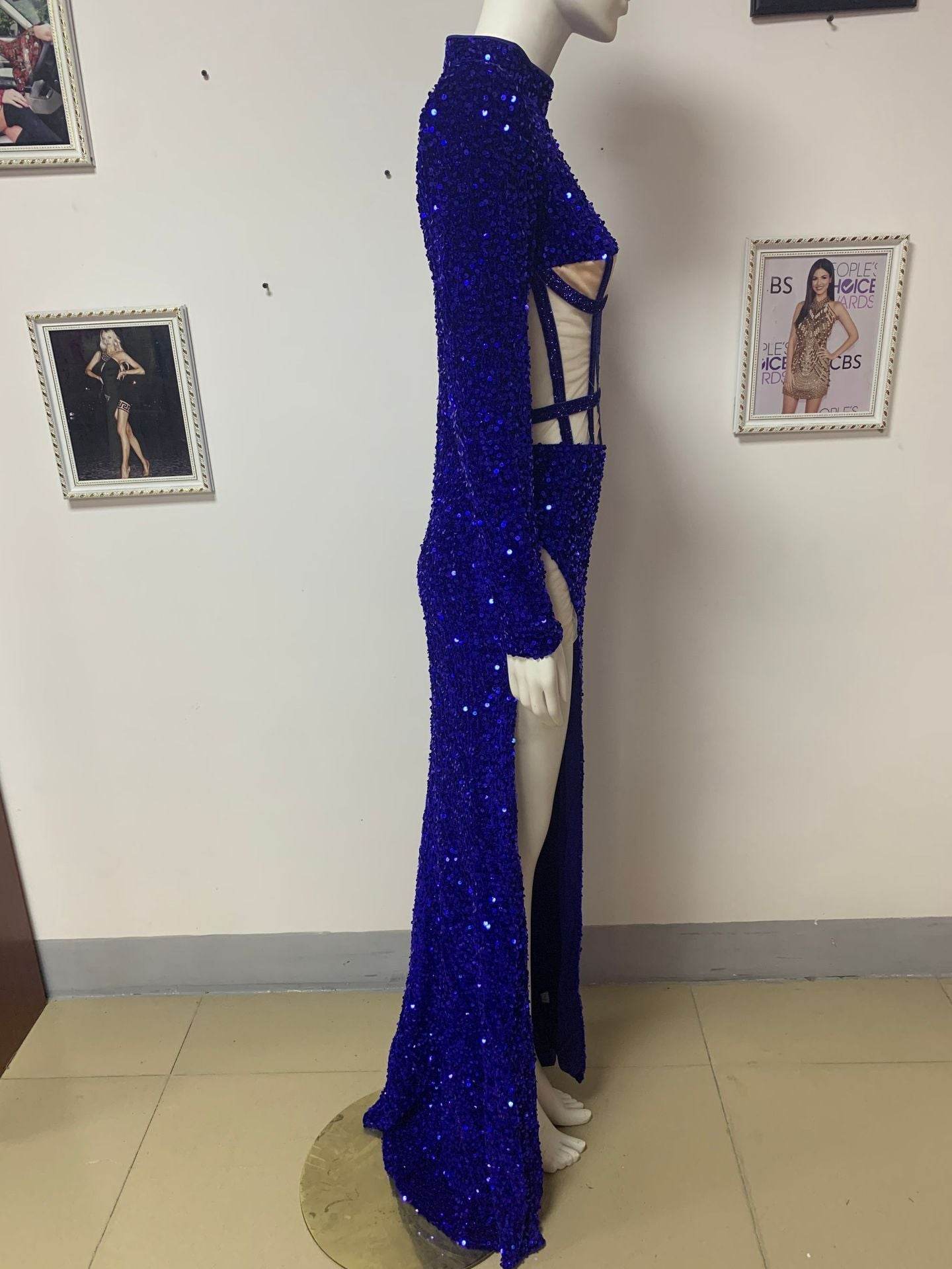Buycenter Blue Sequin See-through Dress with High Slit - Elegant Evening Style - Buy Center
