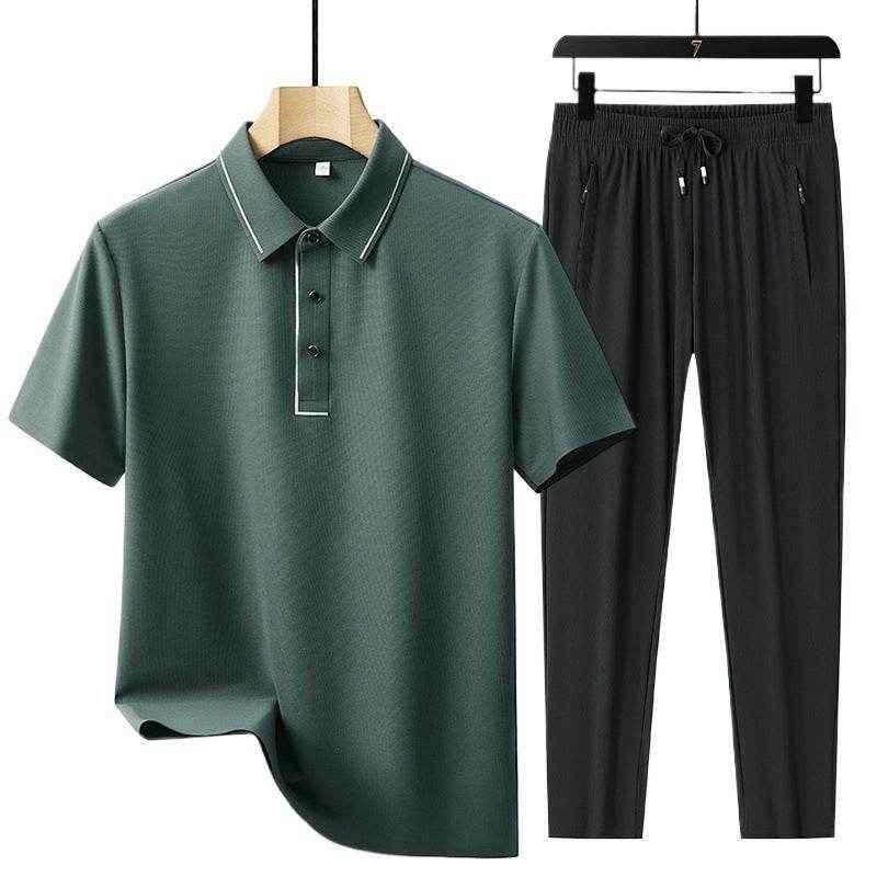 Men's Light Luxury Ice Silk Polo Shirt & Trousers Leisure Suit 2025