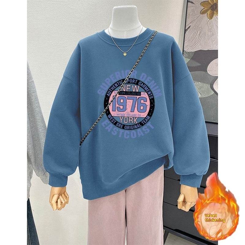 Retro Loose Round Neck Hoodie for Women - Cartoon Design & Long Sleeve - Buy Center