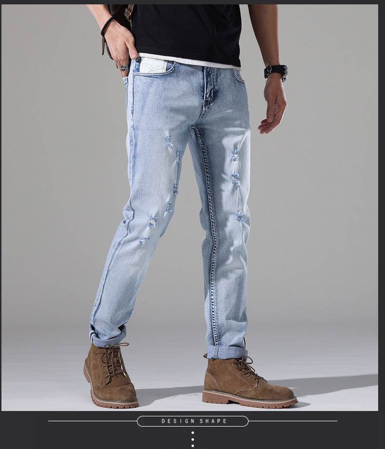 Men's Slim-Fit Ripped White Jeans - Casual Mid Waist Summer Pants - Buy Center