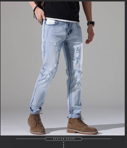Men's Slim-Fit Ripped White Jeans - Casual Mid Waist Summer Pants - Buy Center