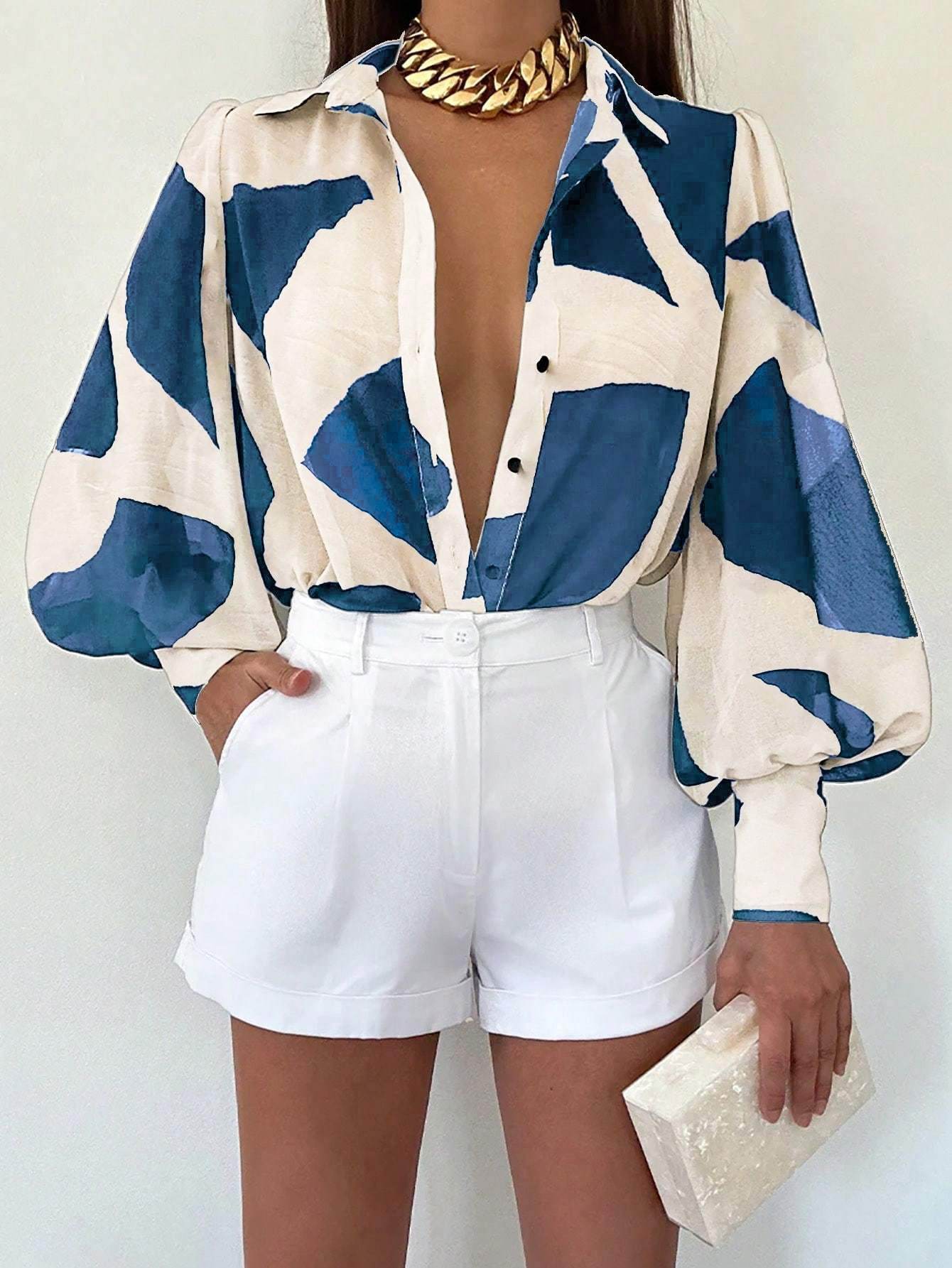 Buycenter Women's Long Sleeve Blouse - Casual Print with Shirt Collar - Buy Center