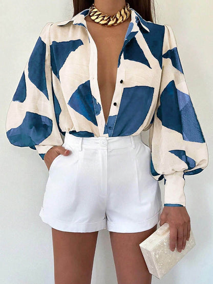 Buycenter Women's Long Sleeve Blouse - Casual Print with Shirt Collar - Buy Center