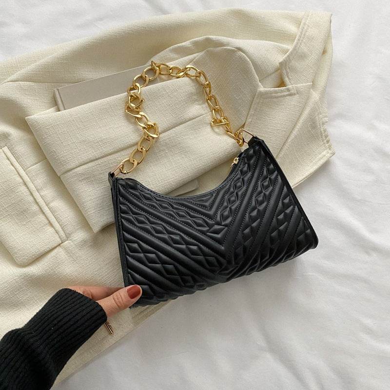 Buycenter Pleated Chain Baguette Shoulder Bag - Stylish PU Evening Accessory - Buy Center