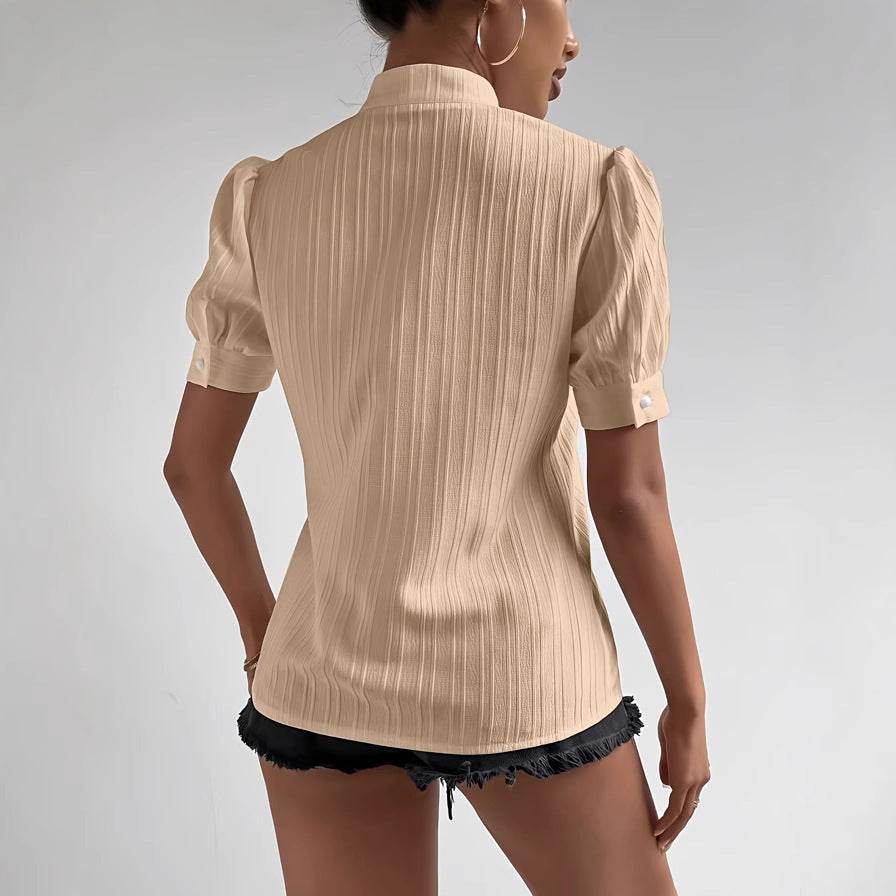 Elegant Lace Patchwork Women's Top - Trendy Stand-up Collar, Short Sleeve - Buy Center