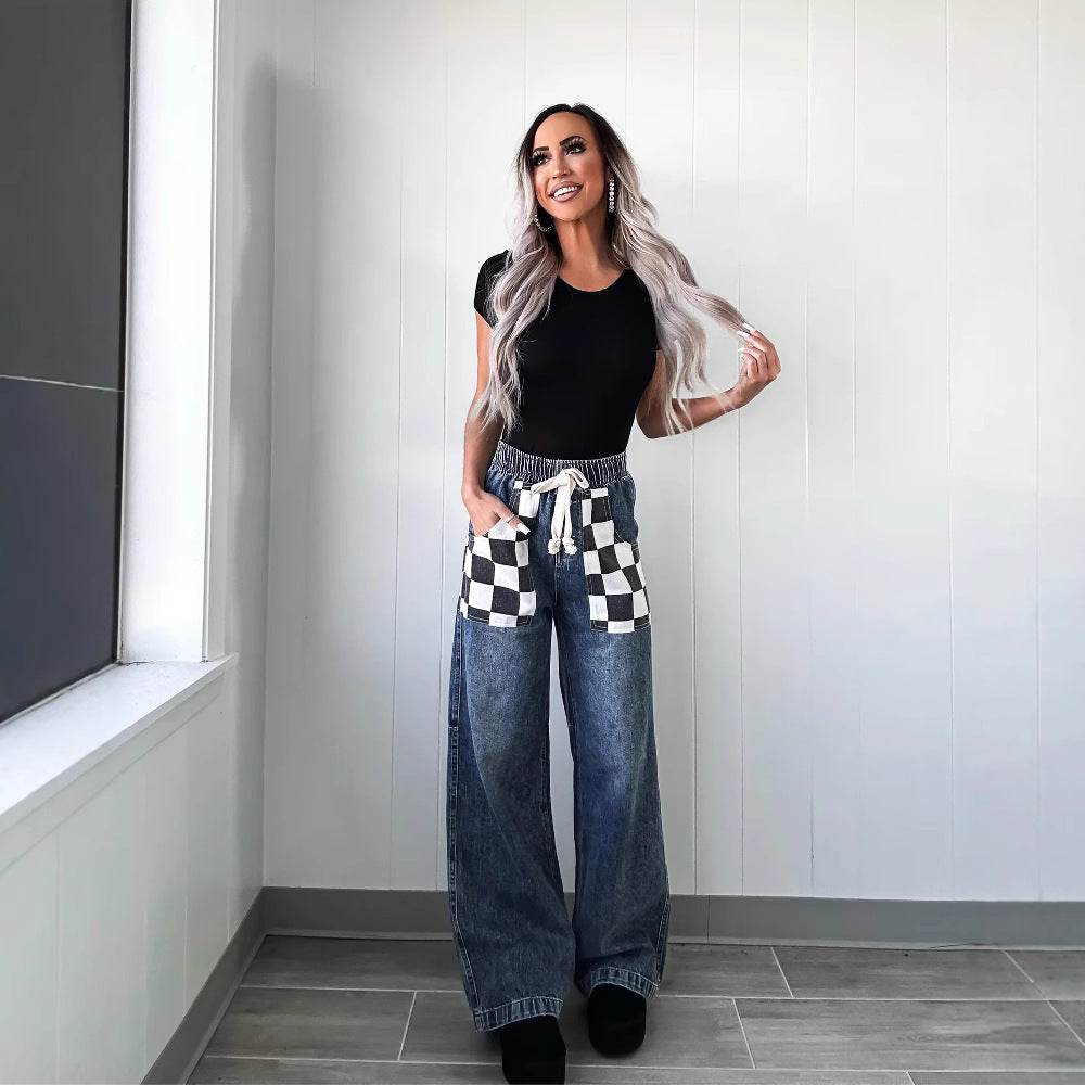 Women's Loose Plaid Contrast Denim Trousers - Stylish, Elastic Waist Fit - Buy Center