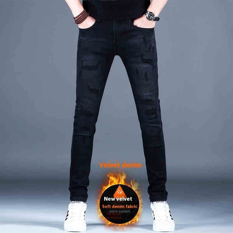 Ripped Fleece Padded Jeans for Men - Stretch Slim-Fit Casual Style - Buy Center