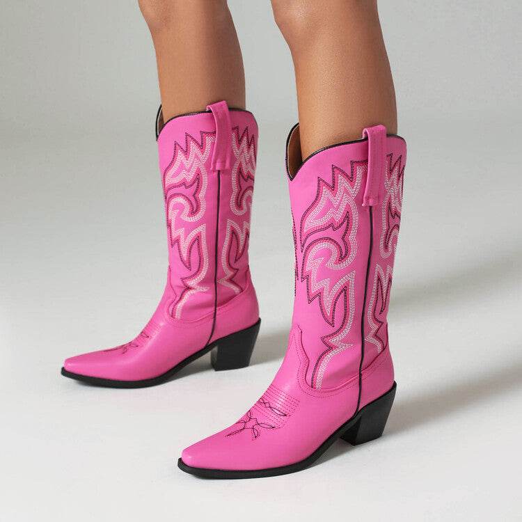 Buycenter Women's Chunky Heel Knight Boots - Embroidered Genuine Leather - Buy Center