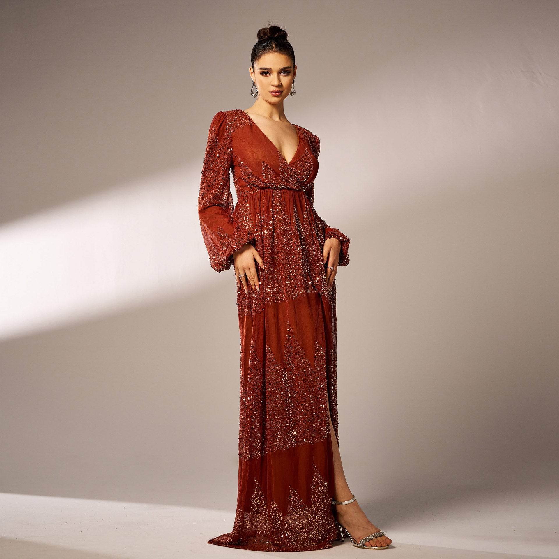 Elegant Long Sleeve V-Neck Sequined Evening Dress - Stylish for Special Occasions - Buy Center