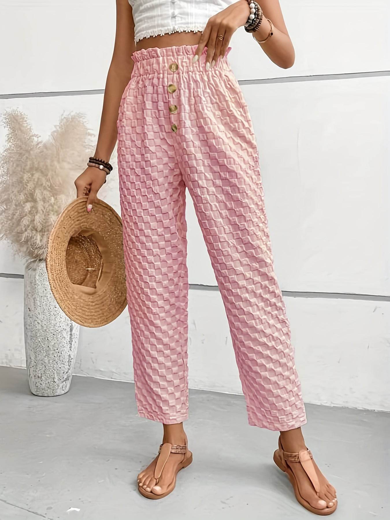 Women's Slim Fit Wide Leg Trousers - Trendy Buttoned Street Style - Buy Center