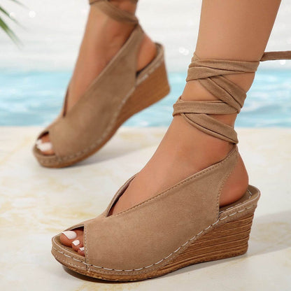 Women's Peep Toe Fashion Sandals - Winding Tape Design in Black & Khaki - Buy Center