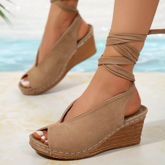Women's Peep Toe Fashion Sandals - Winding Tape Design in Black & Khaki - Buy Center