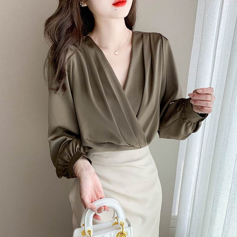 Women's V-Neck Satin Long-Sleeved Shirt - Stylish Work Blouse, Sizes S-2XL - Buy Center