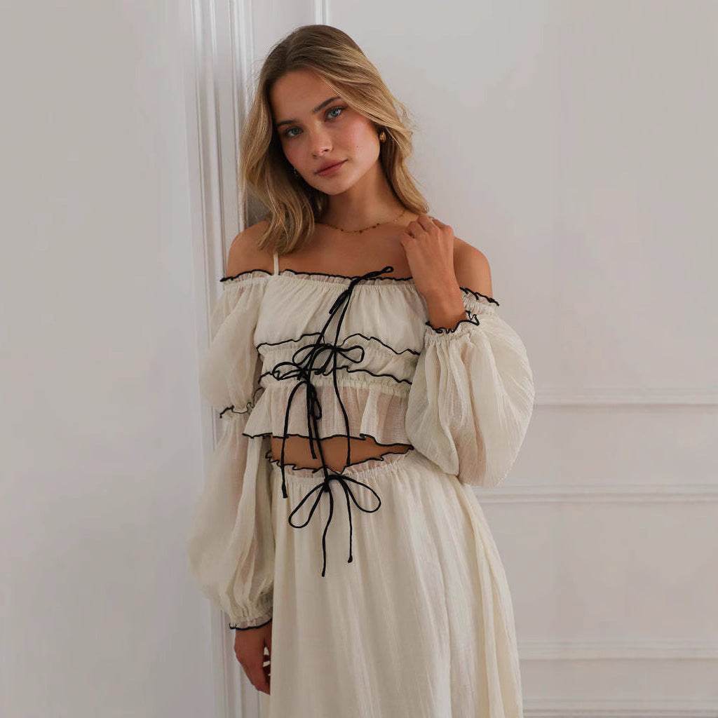 Off-neck Puff Sleeve Vacation Top Suit - Stylish Apricot Set for Women - Buy Center