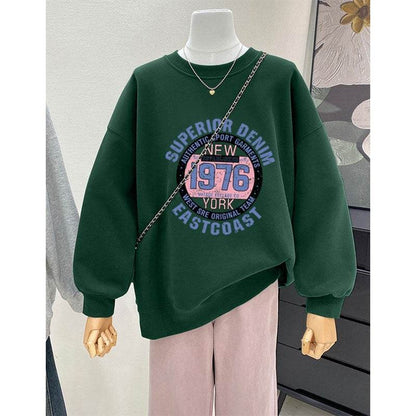 Retro Loose Round Neck Hoodie for Women - Cartoon Design & Long Sleeve - Buy Center