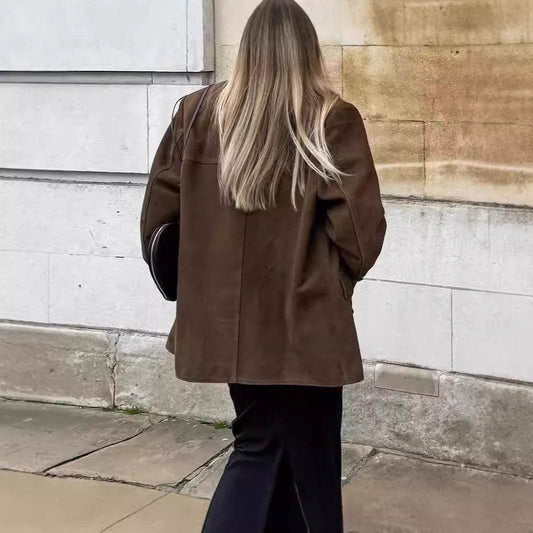 Buycenter Ladies Faux Suede Casual Blazer Coat - Retro Style Jacket - Buy Center
